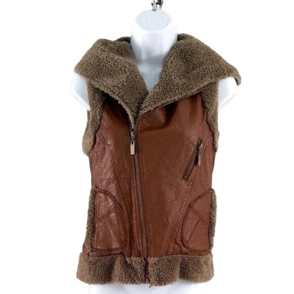 Miilla Shearling Faux Leather Vest Brown Small Lined Zip Pockets Hood Vegan READ